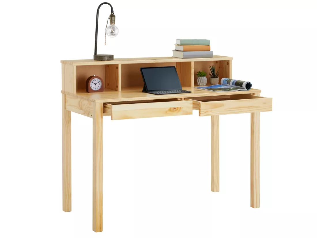 Bureau LENNOX avec rangement 2 tiroirs et 3 niches, en pin massif recouvert d'un vernis naturel