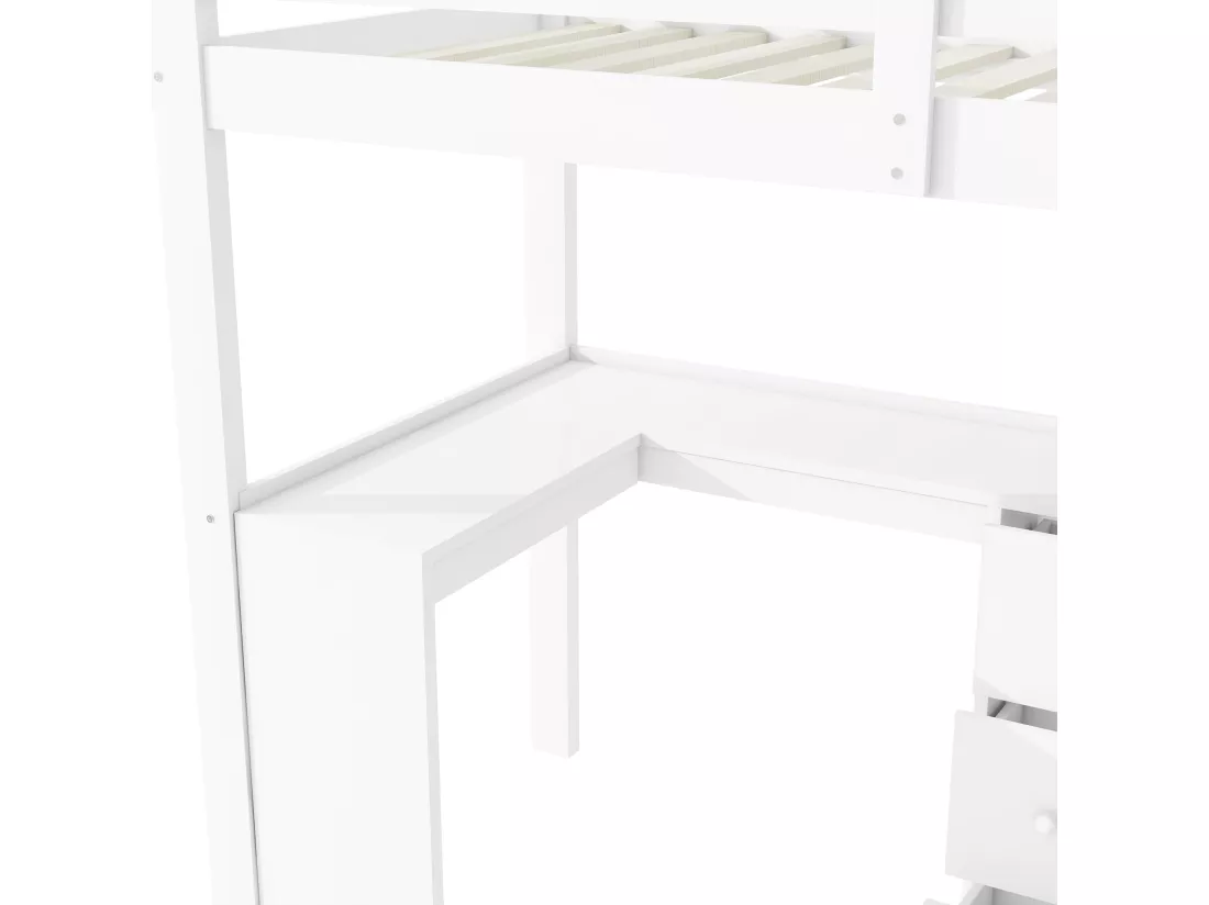 Lit mezzanine 90x200 cm en bois - avec bureau et multiples rangements - Blanc