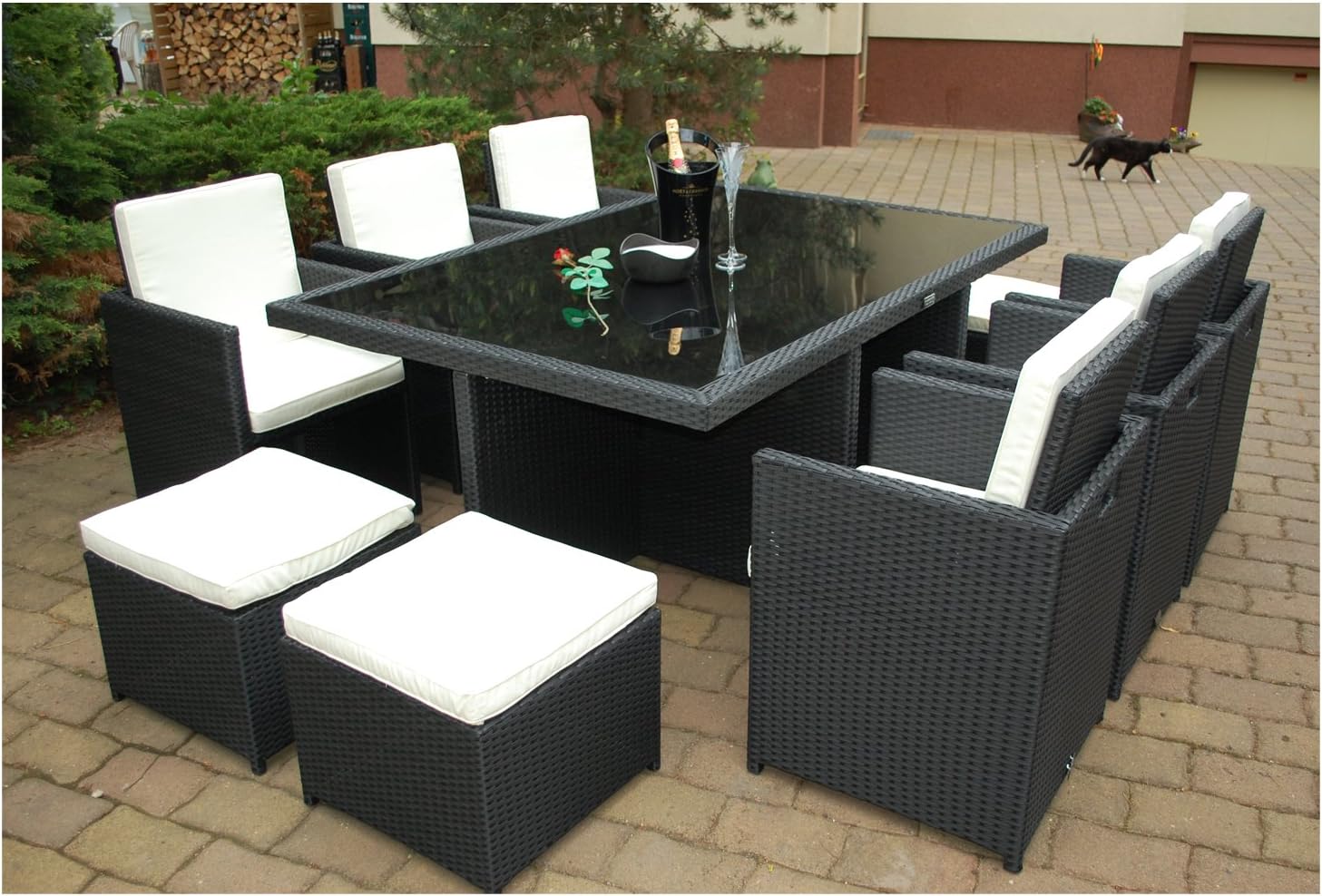 Ragnarök-Möbeldesign Polyrattan Gartenmöbel Set für 10 Personen – XXL Esstisch 190x125 cm mit ESG-Glasplatte – 6 Sessel & 4 Hocker inkl. Polster – Aluminiumrahmen – vormontiert