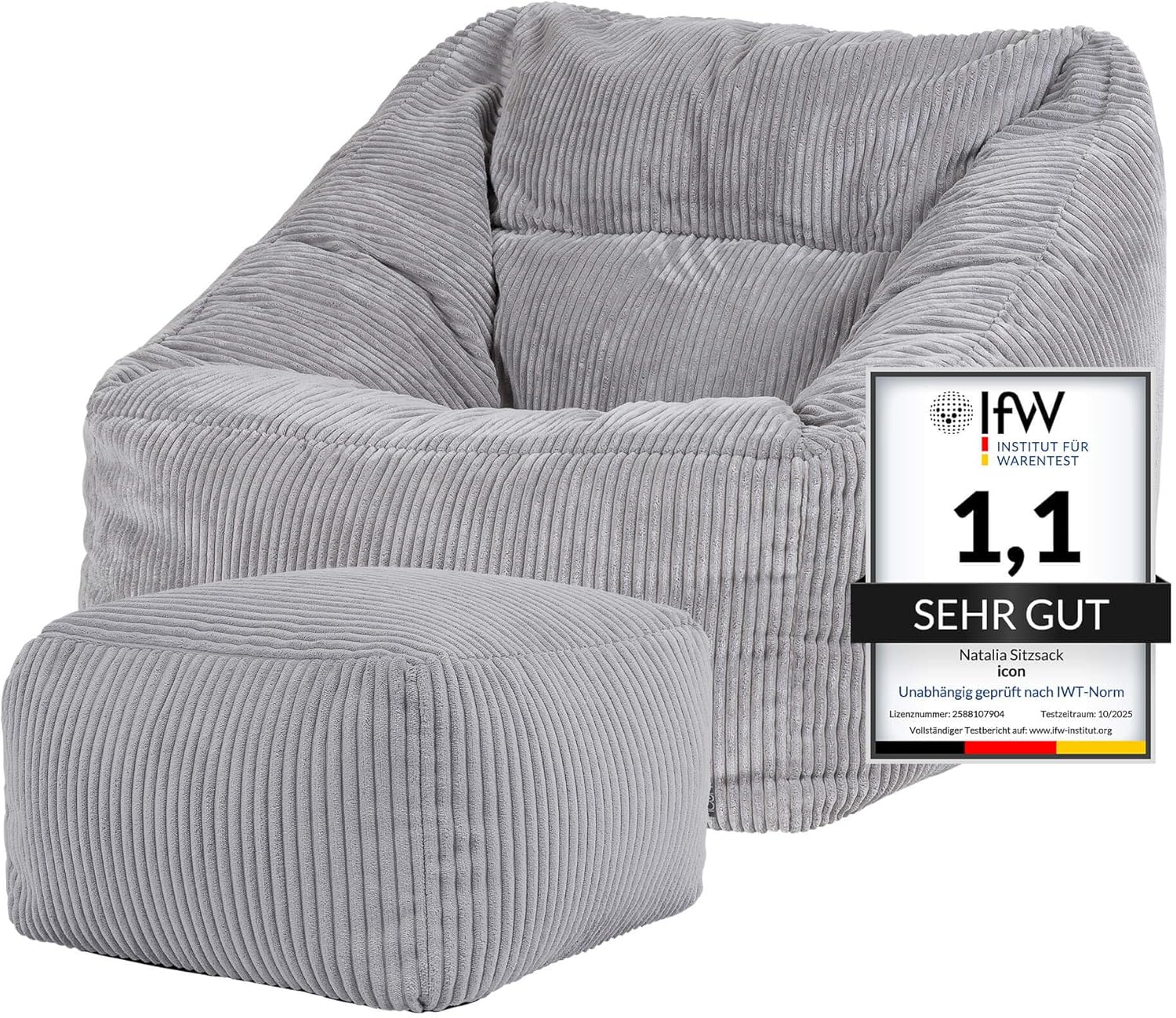 Icon Natalia Sitzsack Sessel mit Hocker für Erwachsene, Grau, Flauschiger Cord Stoff, Riesen Sitzsack Cord mit Füllung, Bean Bag Chair, Bequemer Sessel Wohnzimmer, Lounge, Schlafzimmer, Büro