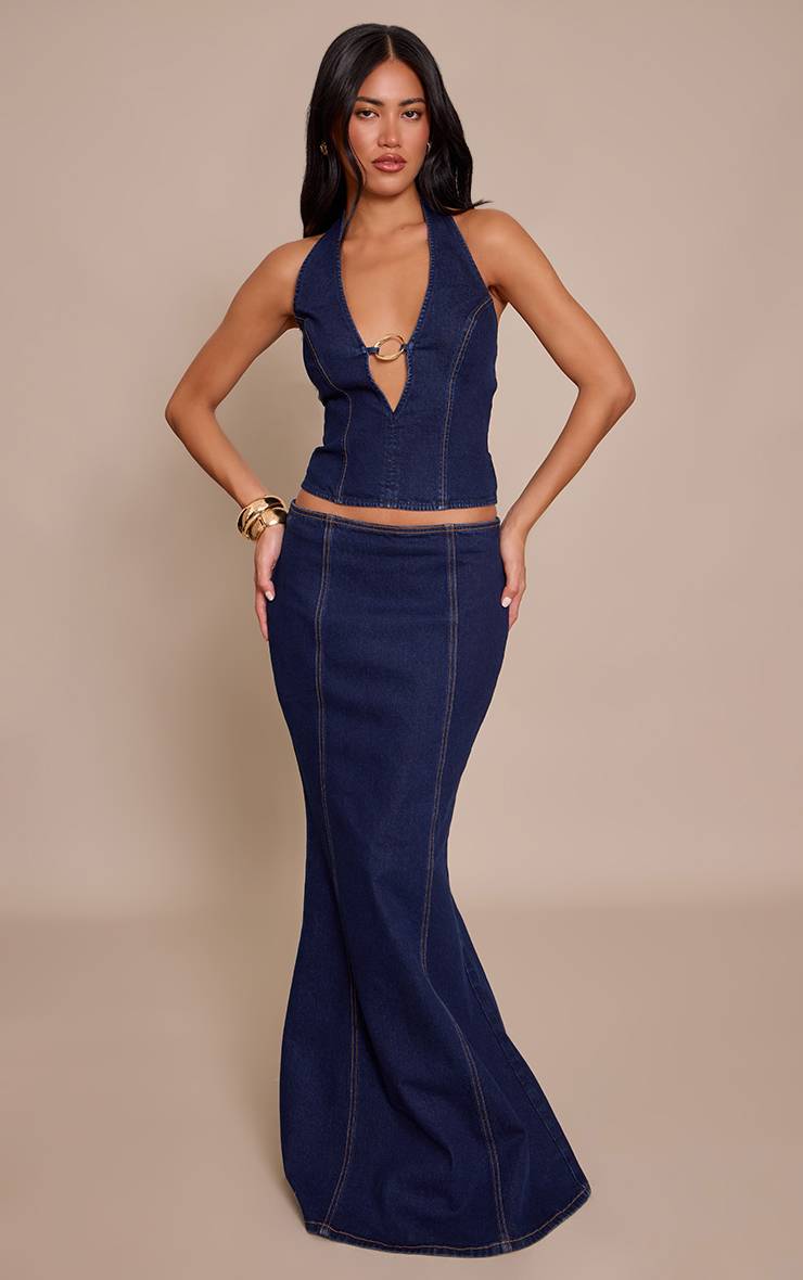 Bleu Indigo Top En Denim À Détail Plongeant Et Finitions Dorées
