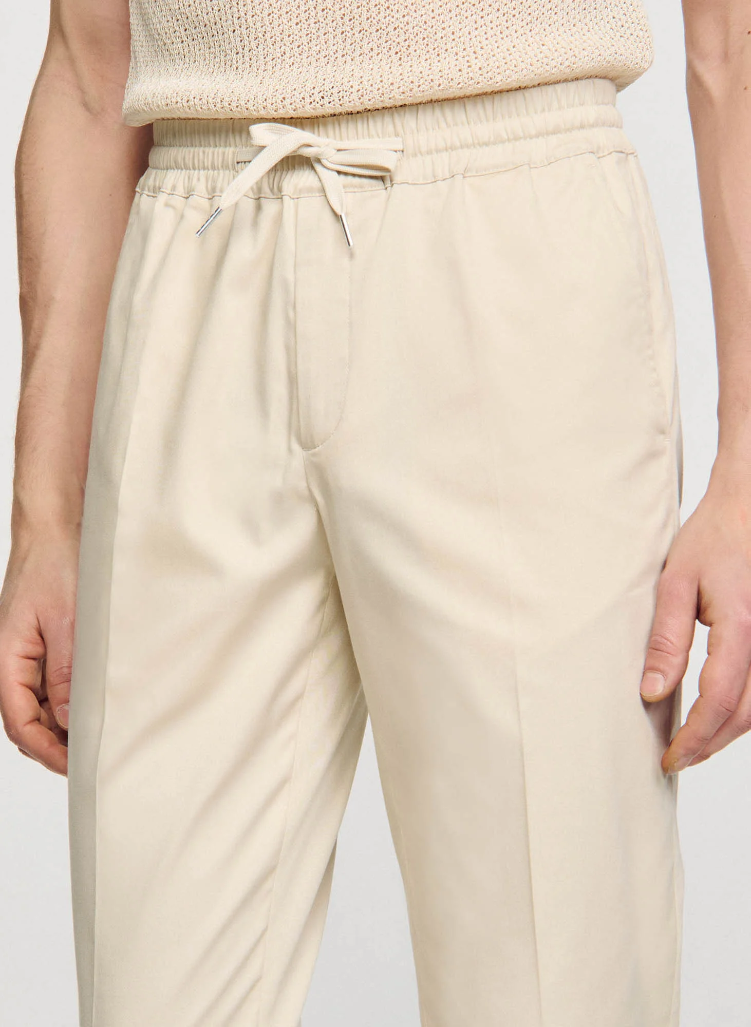 Pantalon chino avec cordon en coton mélangé| Beige