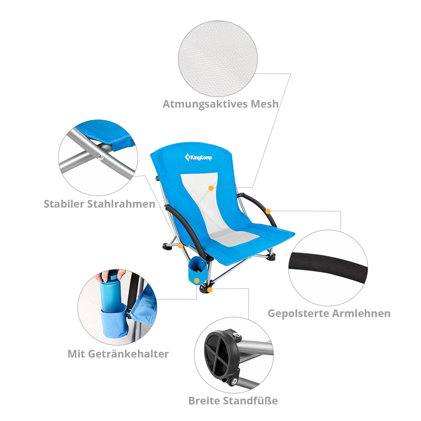 KINGCAMP Strand Liege Stuhl Camping Klapp Falt Sessel Niedrig Garten Stahl 136kg Farbe: Royal Blue