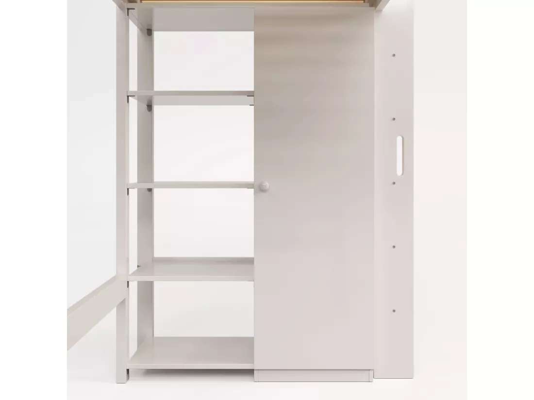 Lit mezzanine 90x200cm en bois massif - avec une armoire et étagères - Blanc