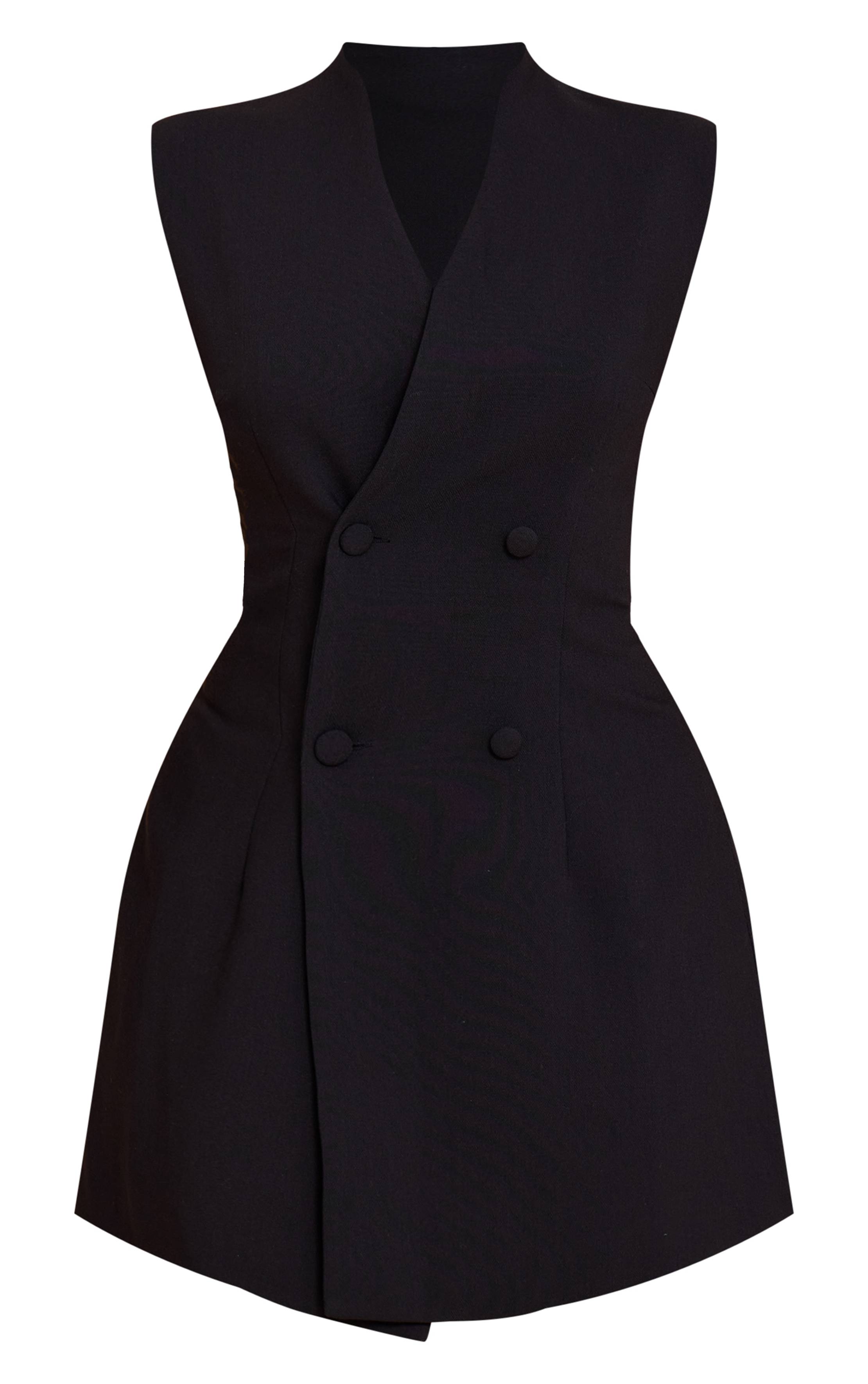 Noir Robe Mini Boutonnée Sans Col En Tissu Tissé