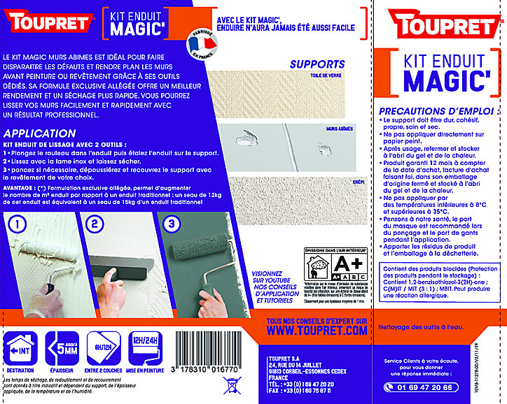 Kit enduit magic' de lissage pour murs dégradés Toupret 12kg