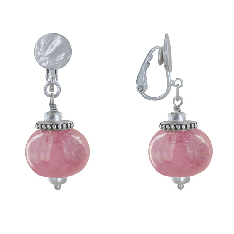 Boucles d'Oreilles Clip Métal Argenté et Grosses Perles en Céramique