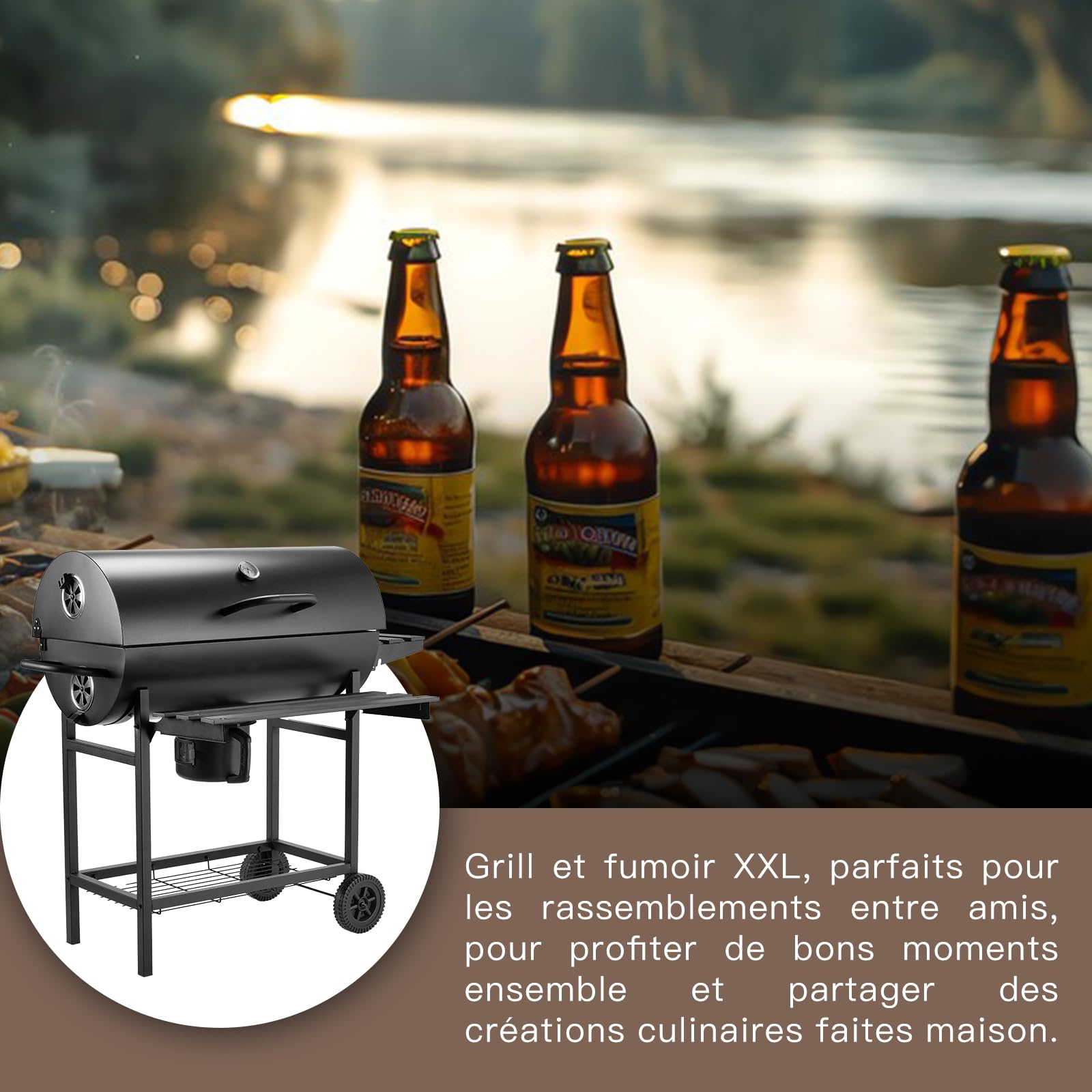 TEENO Barbecue Charbon de Bois,avec Grille de Cuisson XXL,Gants Anti-BrûLures, ThermomèTre,Tiroir à Cendres, éVent RéGlable,Grand Barbecue au Charbon de Bois (Basic)