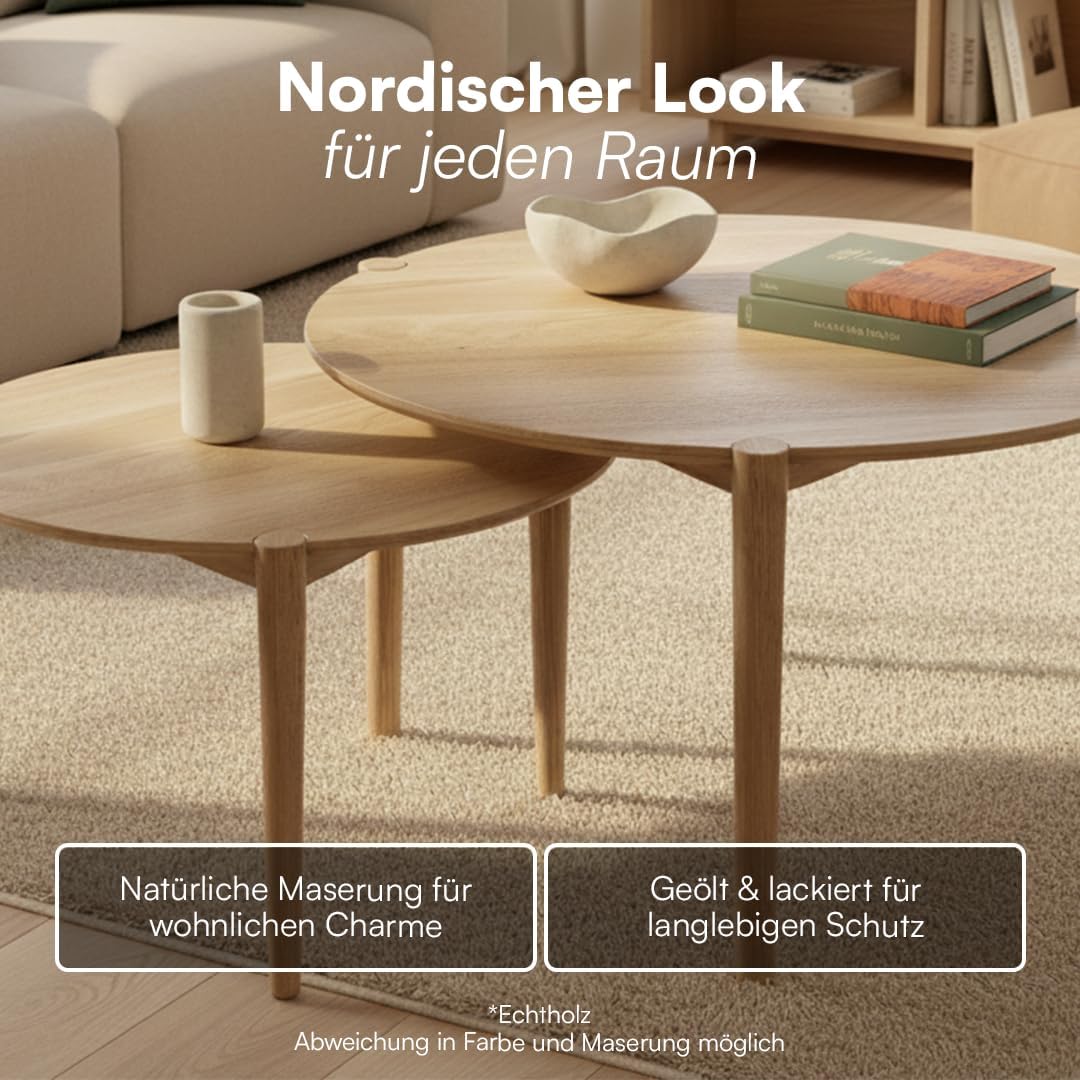 skølm Åsarna Couchtisch 2er Set – Wohnzimmertisch rund Eiche Massivholz – Sofatisch Holz Ø 70 & 55 cm mit 3 Beinen – Kleiner Beistelltisch – Holztisch Wohnzimmer – Coffee Table – Moderner Kaffeetisch