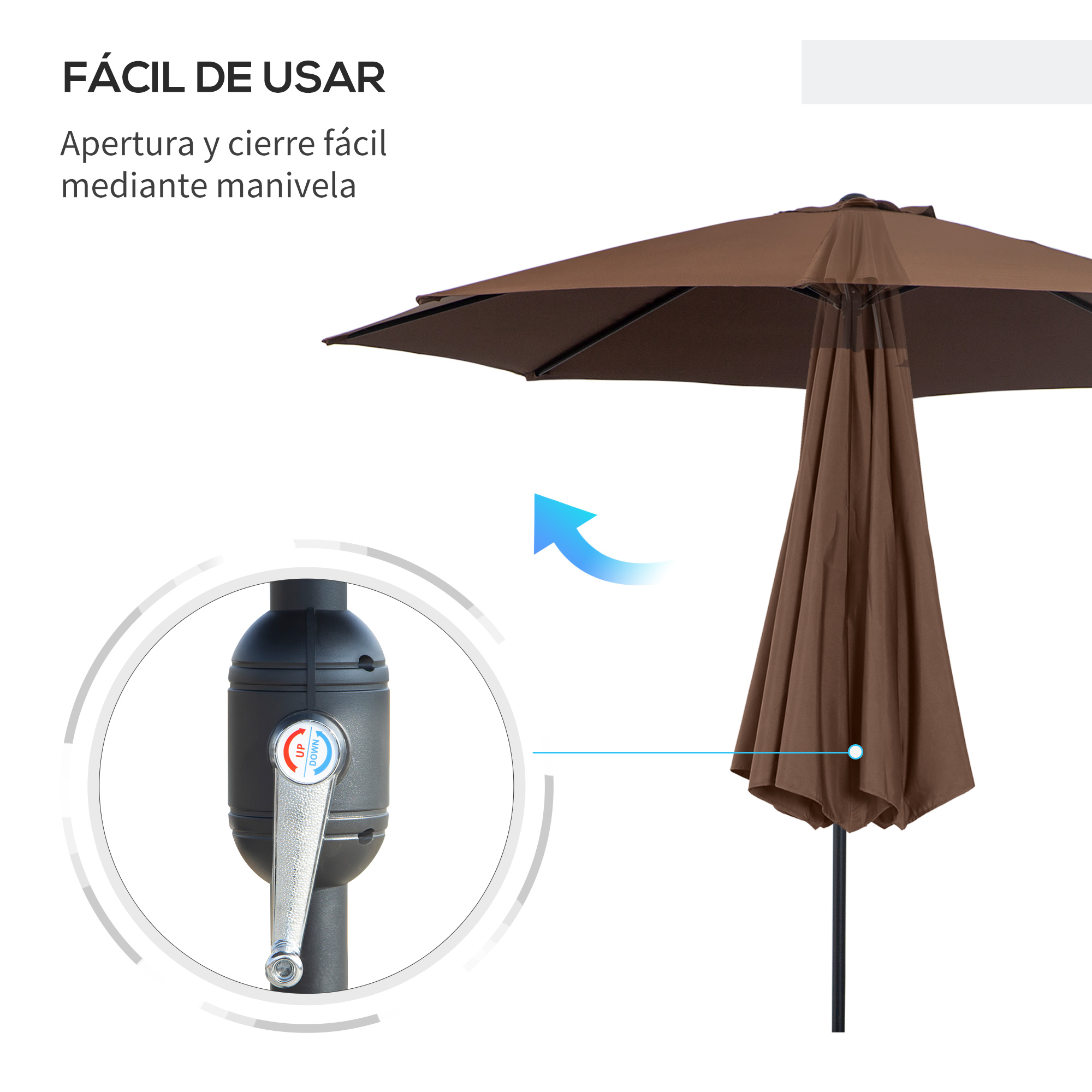 Guarda-sol de jardim Outsunny Ø295x250 cm com manivela, guarda-sol externo com mecanismo de inclinação e mastro de metal removível para terraço, piscina, pátio e café.