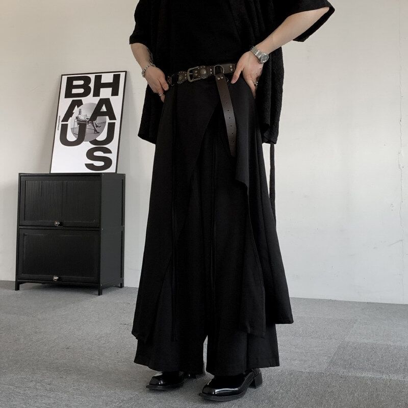 Orungeetun - Mid Rise Plain Skirt Overlay Wide Leg Pants