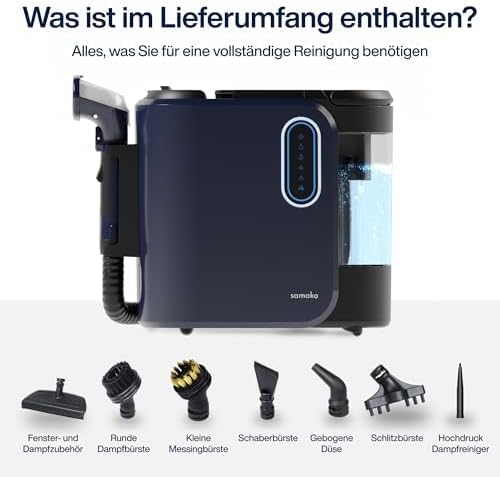 SAMAKO PowerClean Pro – Polsterreiniger Gerät mit Dampf-Funktion & HEPA-Filter – Tiefenreinigung für Teppiche, Polster & Sofas – Große Wassertanks & 8 Aufsätze mit PrecisionClean-Technologier, Blau
