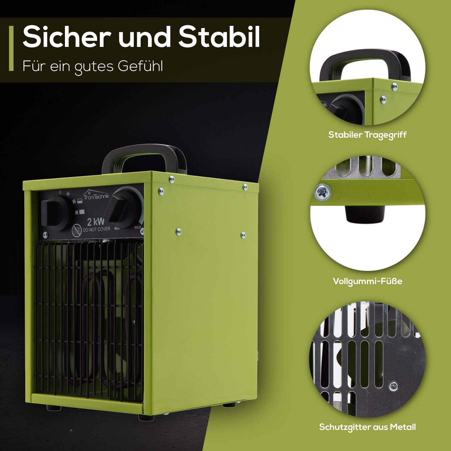 TroniTechnik® TT-EIH-152 Heizgerät Heizlüfter Heizung 2.000 Watt, Tragegriff, Stahl, stufenloses Thermostat, 2 Heizstufen