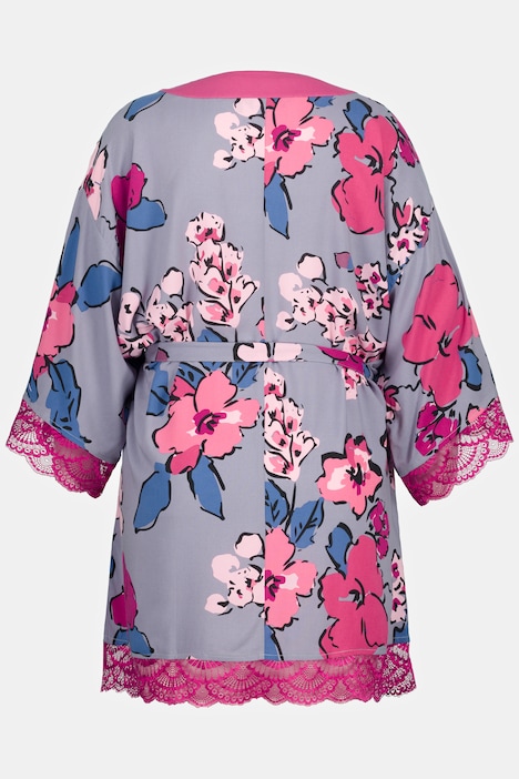 Morgenmantel, Blüten, V-Ausschnitt, 3/4-Arm, Kimono