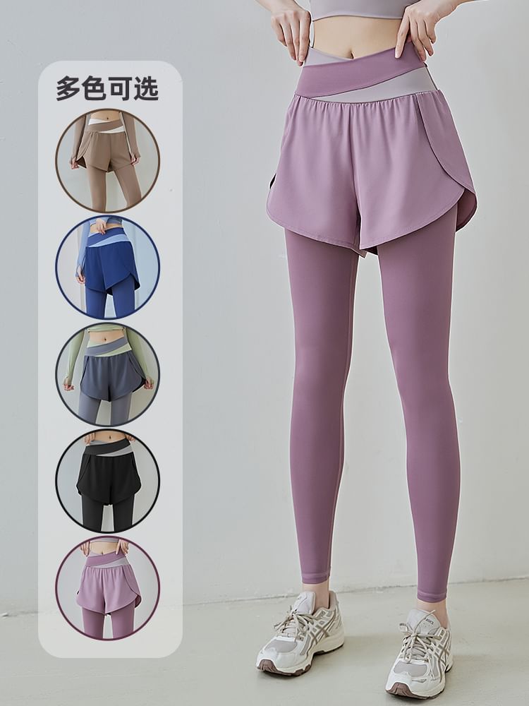 FAYE - Mid Rise Mock Two-Piece Two Tone Yoga Leggings