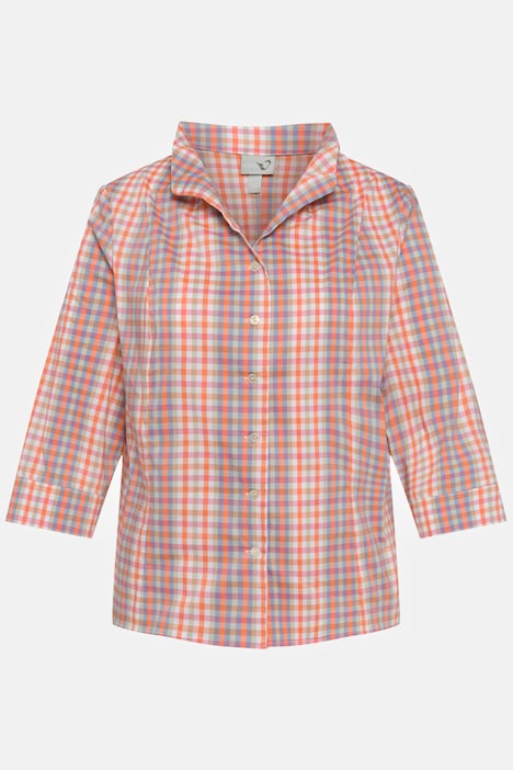 Bluse, Karo, Slim, Kelchkragen, V-Ausschnitt, 3/4-Arm