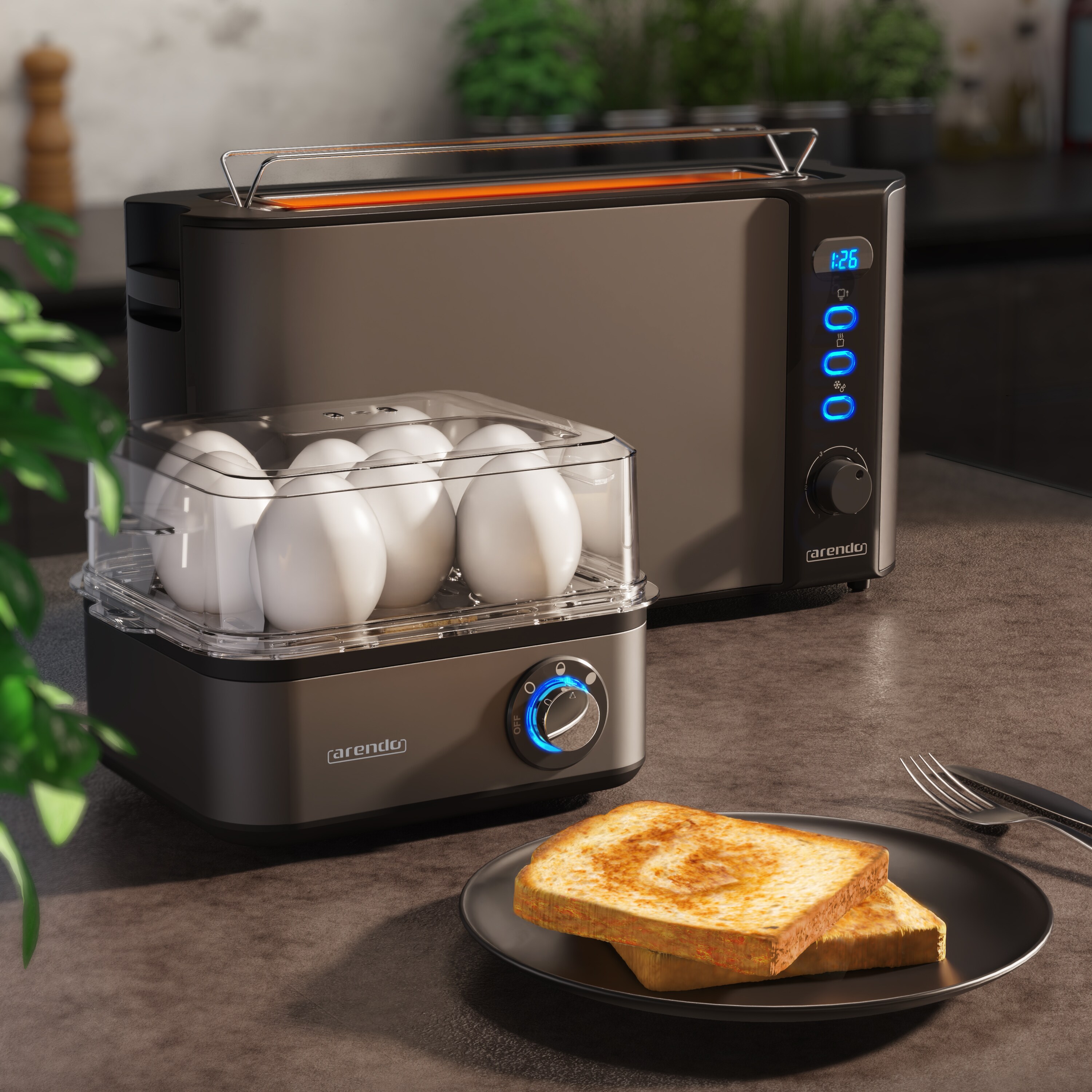 Arendo Frühstücks-Set, Eierkocher EIGHTCOOK, 2-Scheiben Langschlitz Toaster, Grau