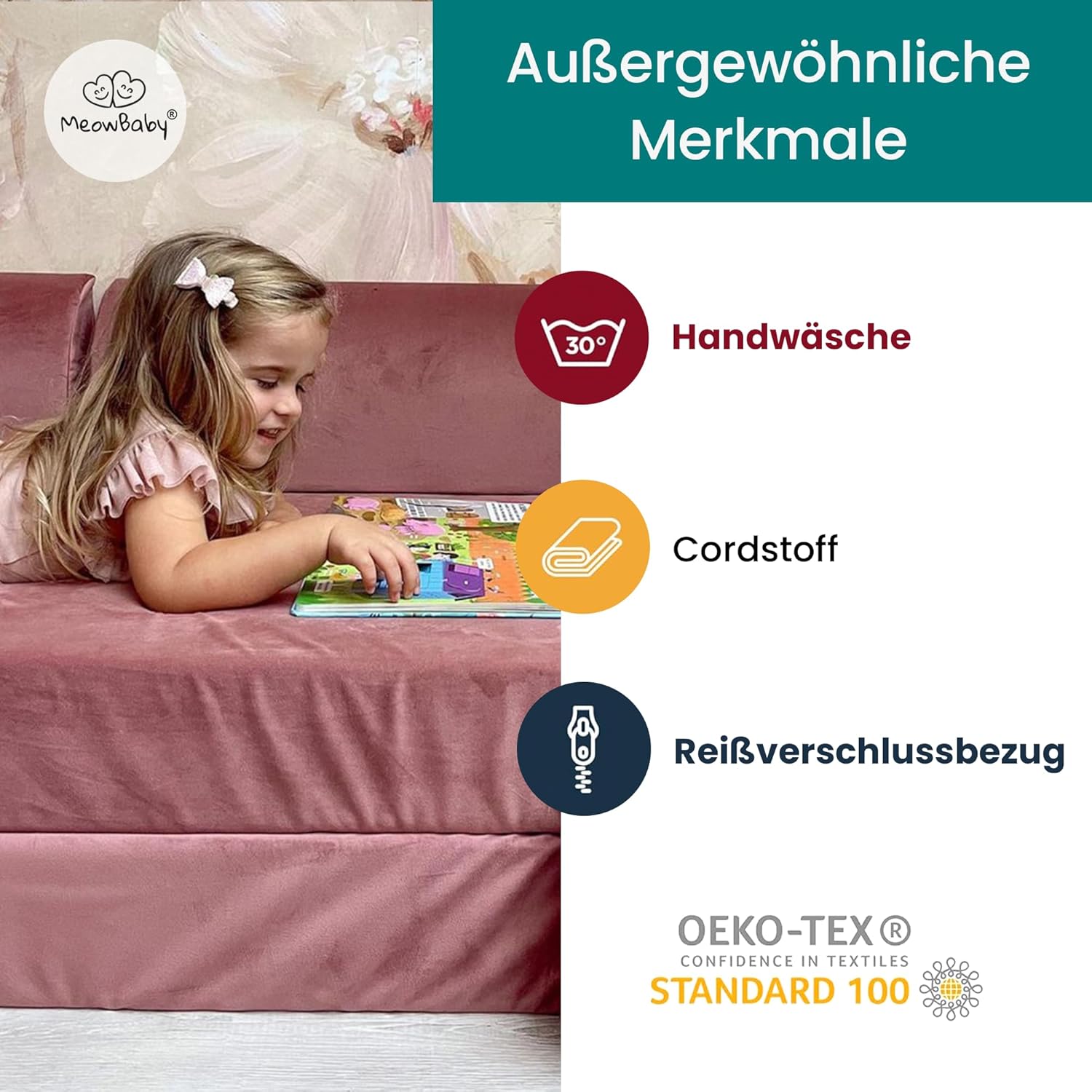 MEOWBABY Kindersofa – Spielsofa für Kinder – Weiche Klappsofa mit Schlaffunktion – Kuschelecke für Kinderzimmer, Slimcord, Hellgrau