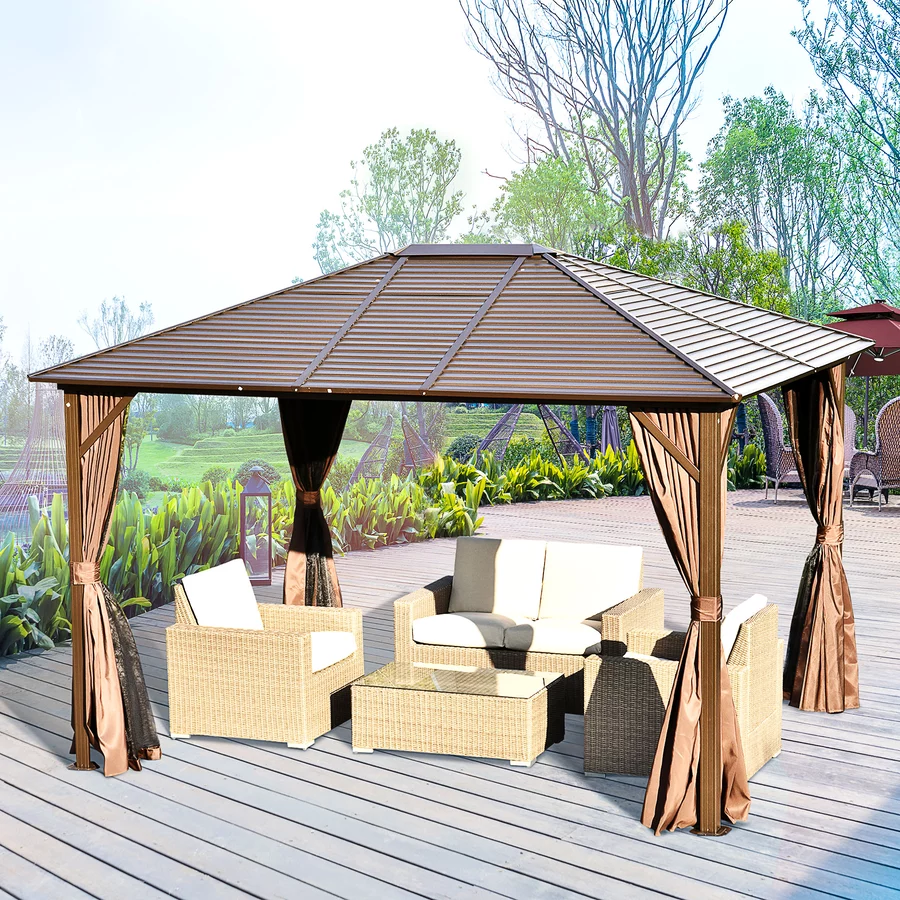 Outsunny Gartenpavillon mit Sonnenschutzvorhänge braun
