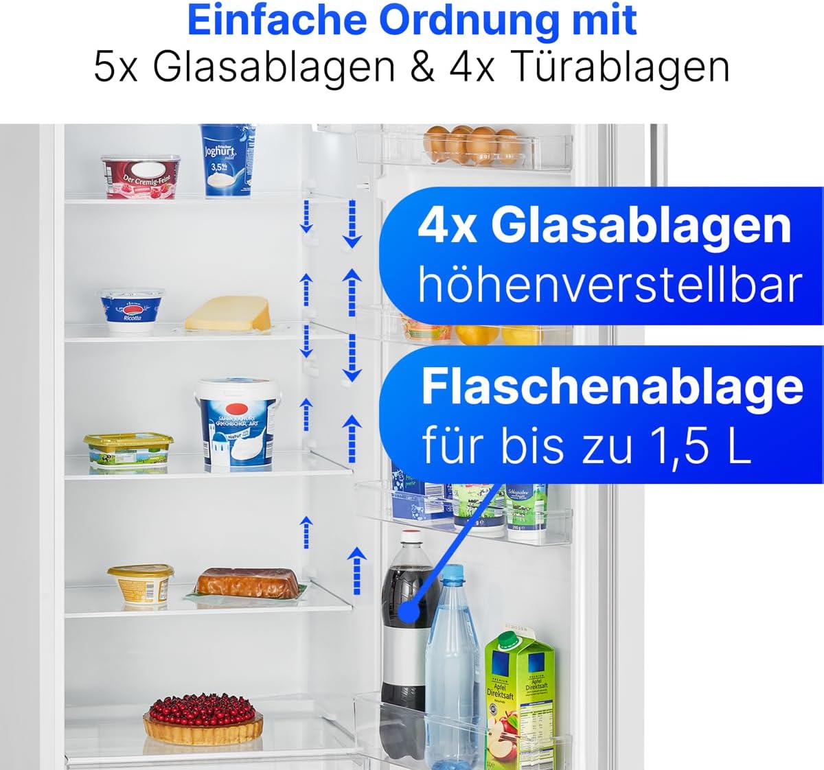 Bomann® Kühlschrank ohne Gefrierfach | Energieklasse E | 143cm | 5 Ablagen | 0°C ~ +8°C | leise 40dB | Getränkekühlschrank | 242L Flaschenkühlschrank | Kühlschrank groß | VS 7316.1 weiß