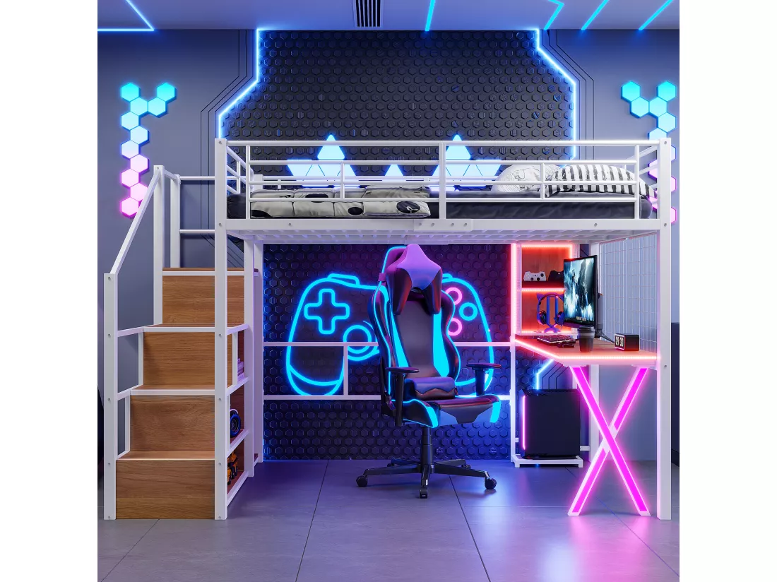 Lit mezzanine 140 x 200 cm avec bureau, penderie, étagères - Lumière d'ambiance - Métal - Blanc (sans matelas)