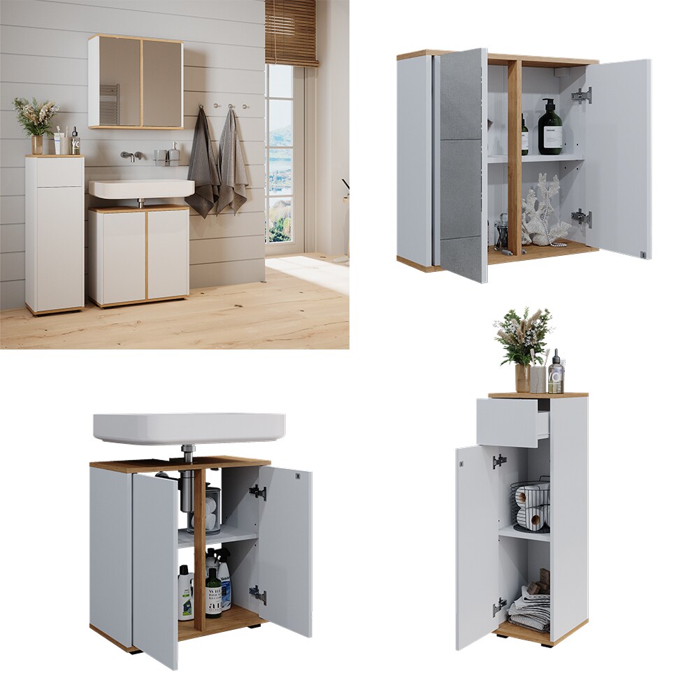 Vicco Badmöbel-Set Didi Weiß Eiche 3 Teile Midischrank mit Schublade