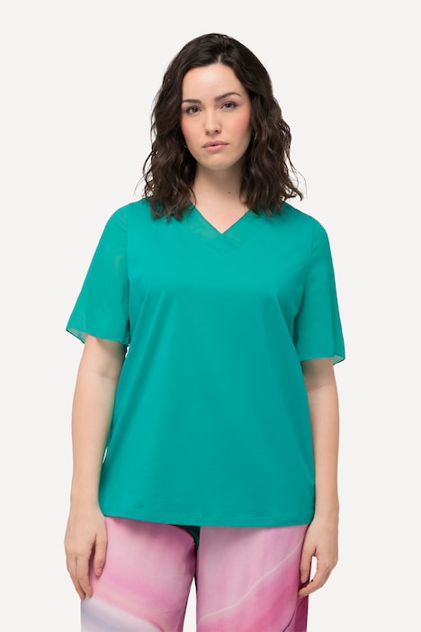 T-Shirt, Chiffon-Blende, V-Ausschnitt, Chiffon-Halbarm