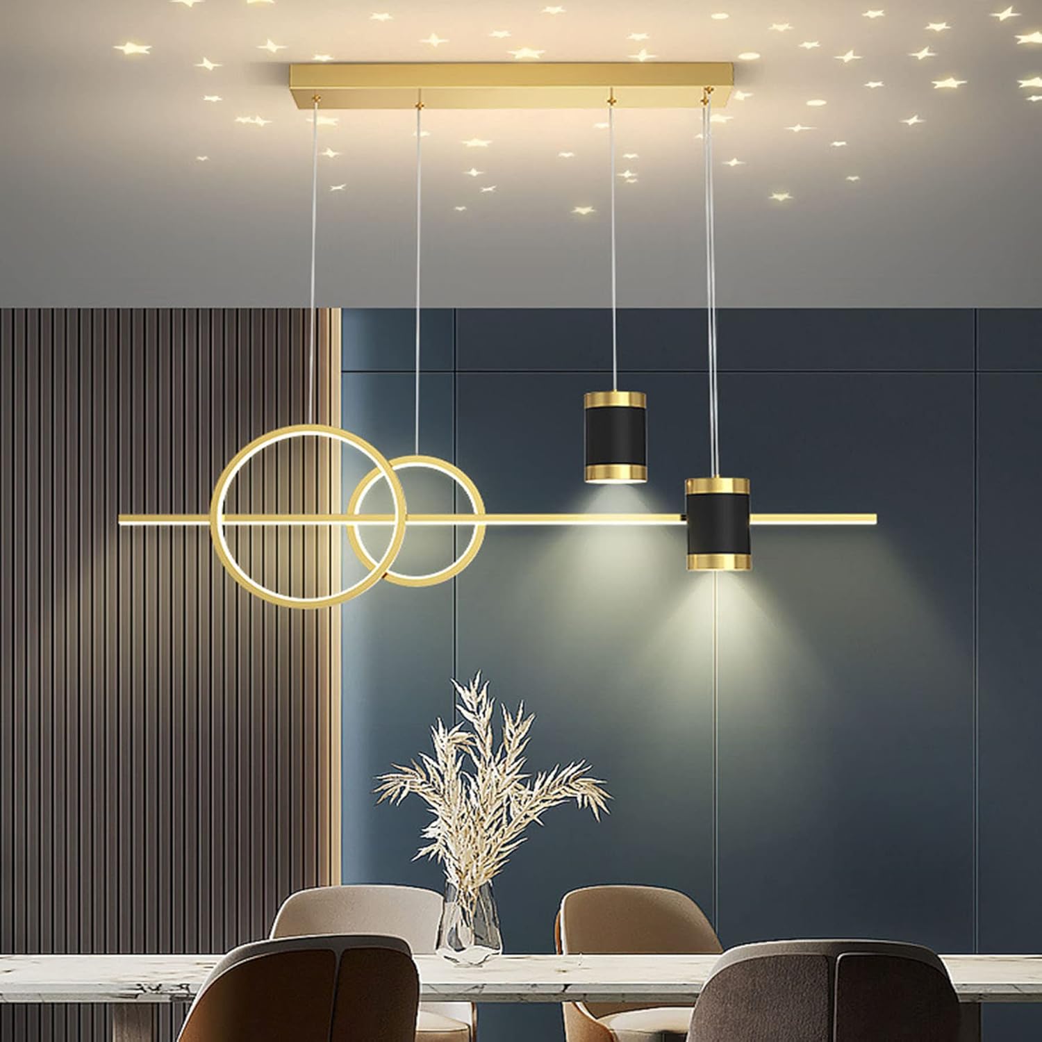 LED Dimmbar Pendelleuchte Modern 45W Neu Entwurf sternenklarer Himmel Hängelampe mit Fernbedienung Pendellampe höhenverstellbar kreativ Hängeleuchte lampe für Esstisch Esszimmer Wohnzimmer (Gold)
