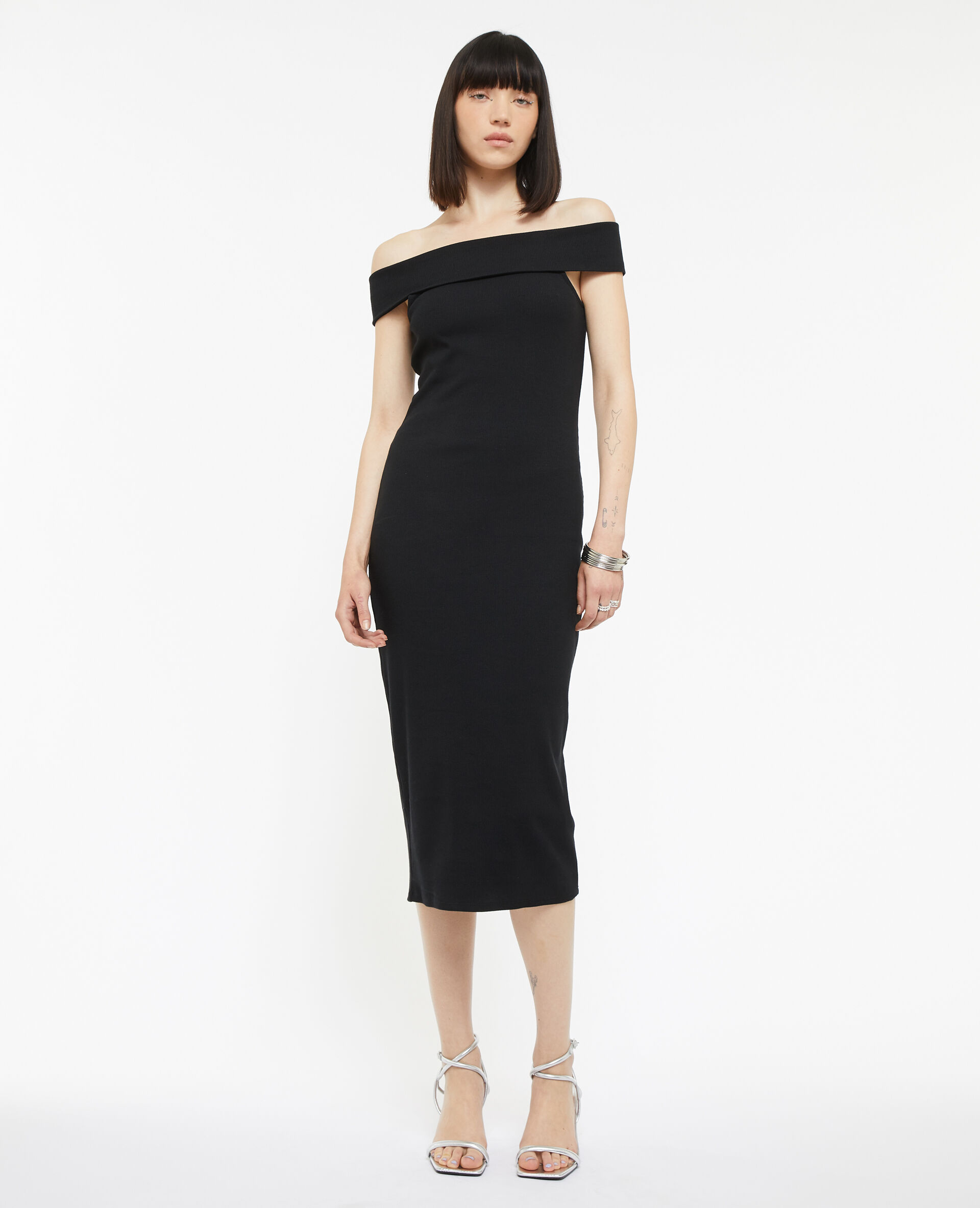 Robe midi encolure Bardot - Noir