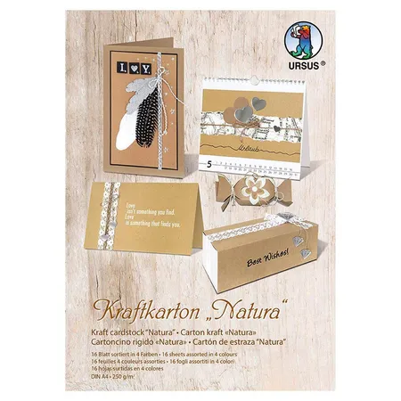 URSUS Kraftkarton Natura, mit gerippter Oberfläche, 250 g/qm, DIN A4, 16 Blatt in 4 Farben sortiert