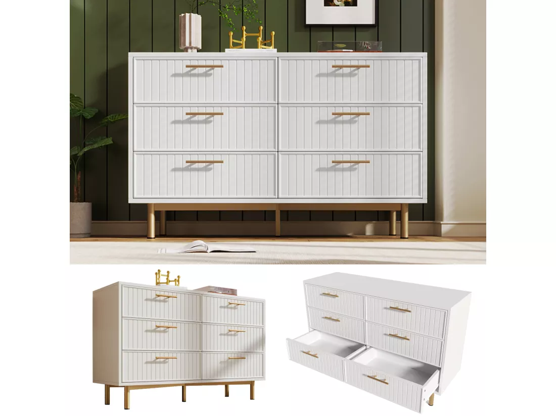 Commode avec 6 tiroirs, 120 x 40 x 75 cm, Panneaux de particules + métal, Motif rayures verticales, Blanc