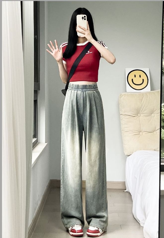 evanesce - Denim joggingbroek met hoge taille, elastische taille en wijde pijpen