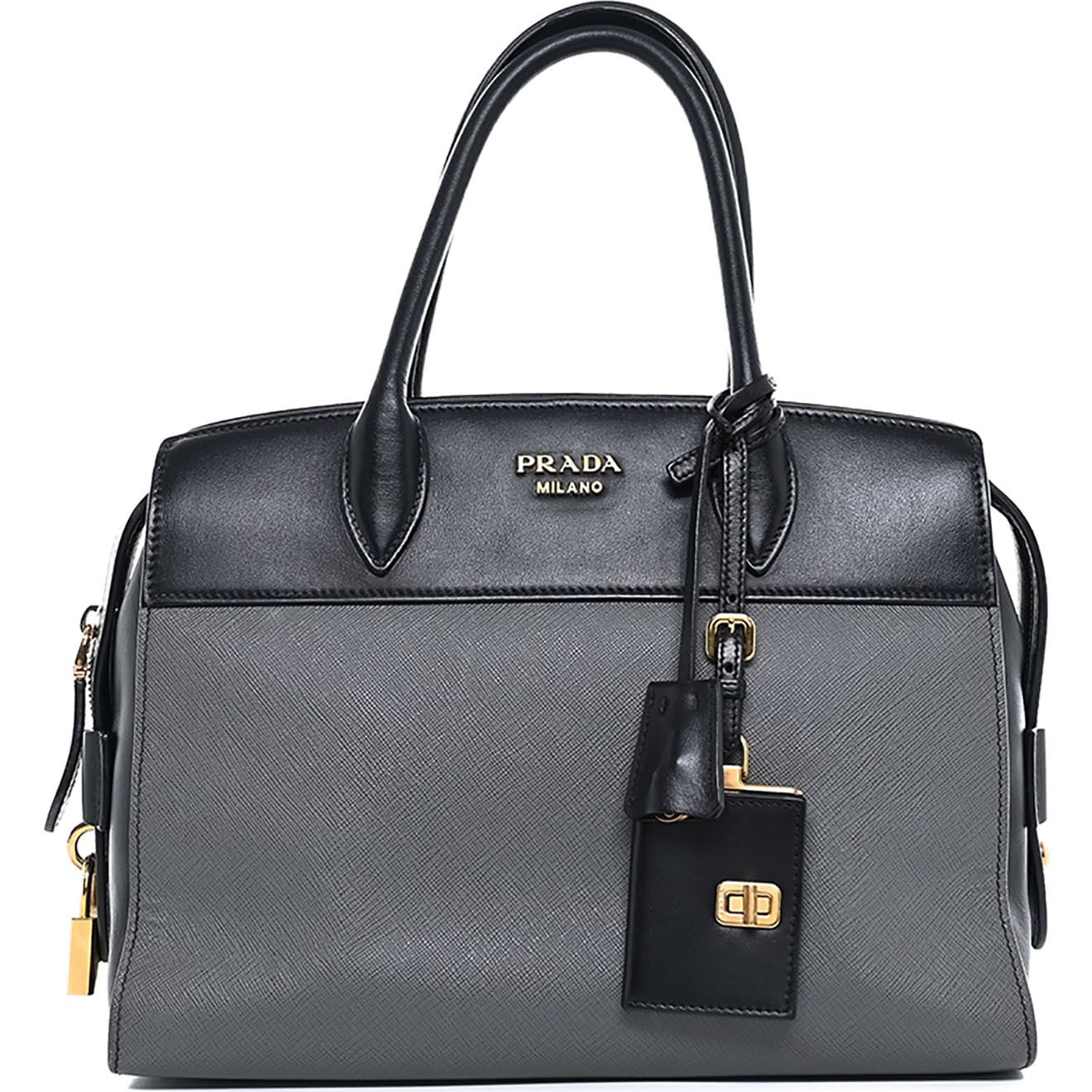 Prada Sac à main Esplanade en Cuir lisse & Cuir Saffiano noir - Très bon état - L.30 cm