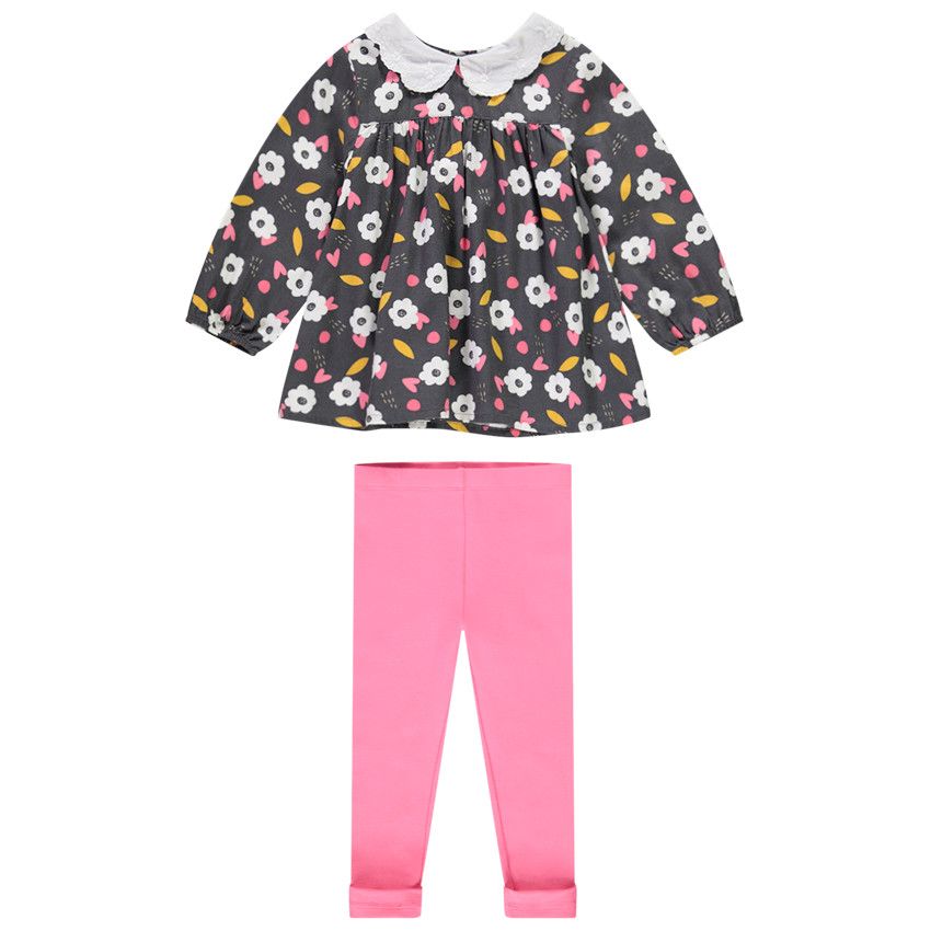 Ensemble tunique imprimé fleurs + caleçon uni pour bébé fille - Gris foncé