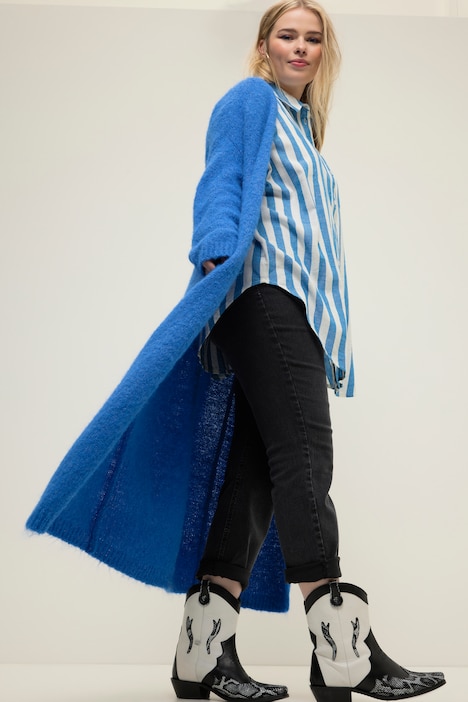 Long-Strickjacke, oversized, offene Form, Langarm