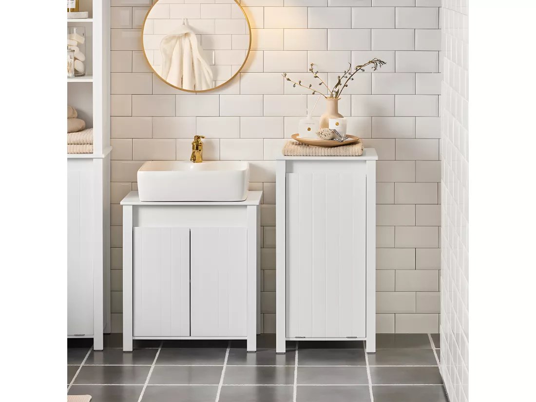 SoBuy BZR100-W Armoire à Linge, Corbeille à Linge, Meuble Bas de Salle de Bain, Meuble de Rangement avec 1 Panier à Linge Amovible, Blanc