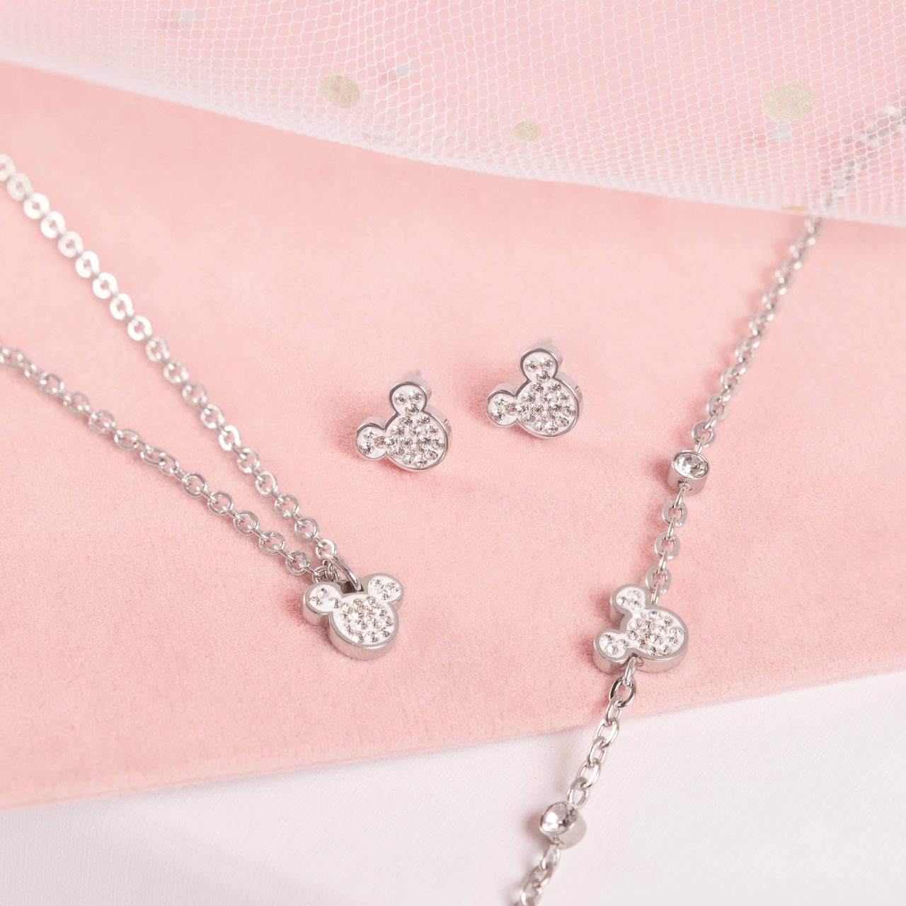 Stalen ketting Micky Mouse met wit kristal