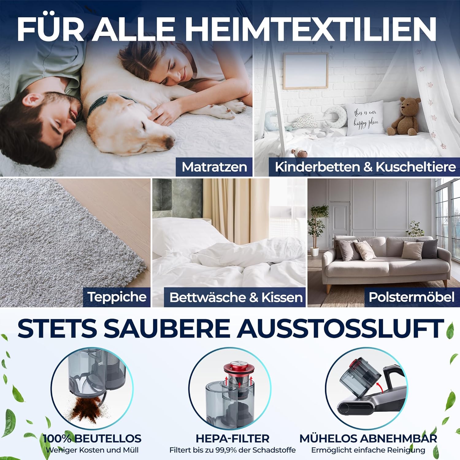 KLAMER Milbensauger 18kPa – Matratzensauger mit UV-Licht & 60°C Tiefenreinigung, Ultraschall & Schlagmodi, Anti-Verwicklungs-Bürste für Tierhaare, HEPA-Filter gegen Milben & Allergene