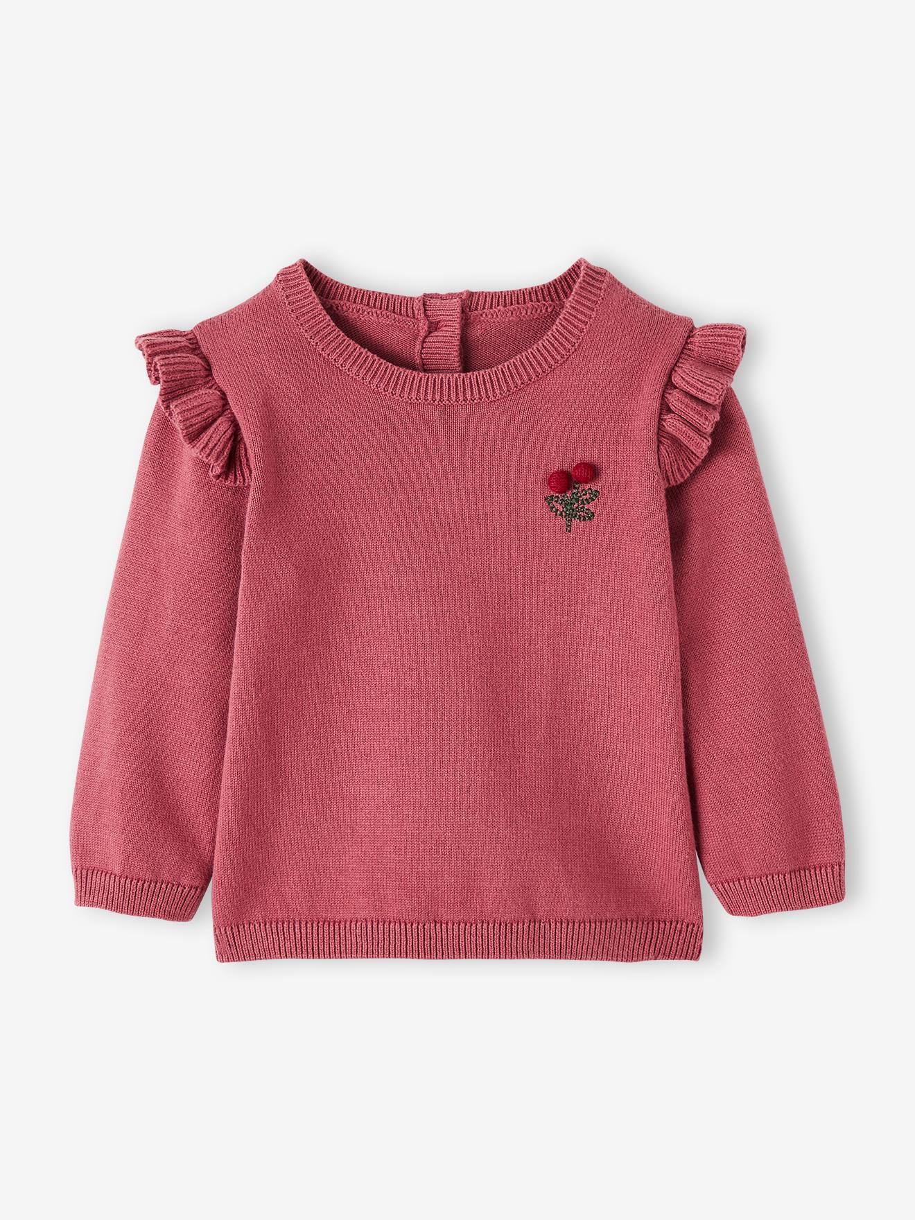 Vestido cor cereja com babados e pompons, para bebês rosa.