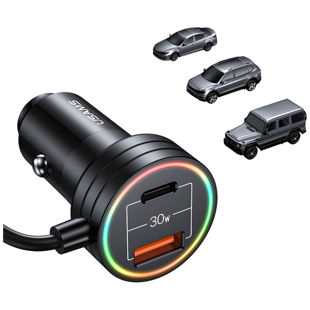 (60W) USB C / USB A Auto KFZ Ladegerät Car Charger für Zigarettenanzünder mit USB C Spiral Ladekabel (USA001245) - Schwarz