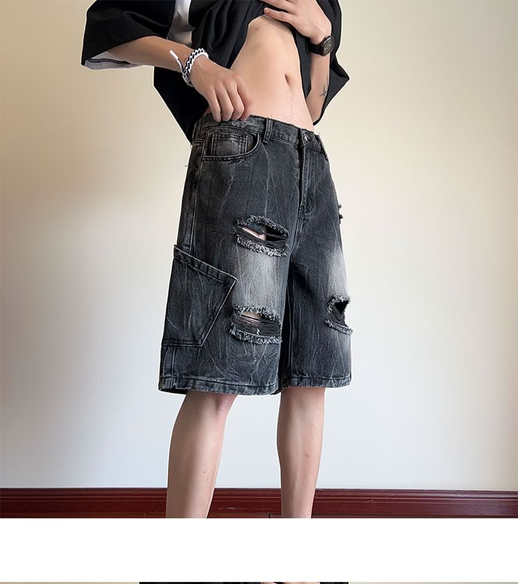 Breeson - Low Rise Washed Distressed Wide Leg Denim Shorts