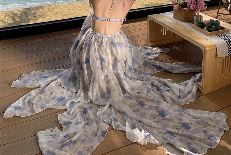 Moanum - Halter maxi-zonnejurk met bloemenprint en ruches