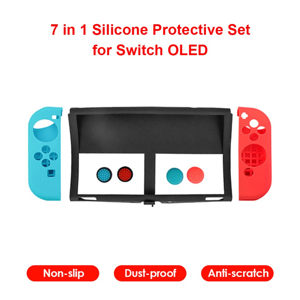 7in1 Nintendo Switch OLED Silikon Case Schutzhülle - Rot / Blau