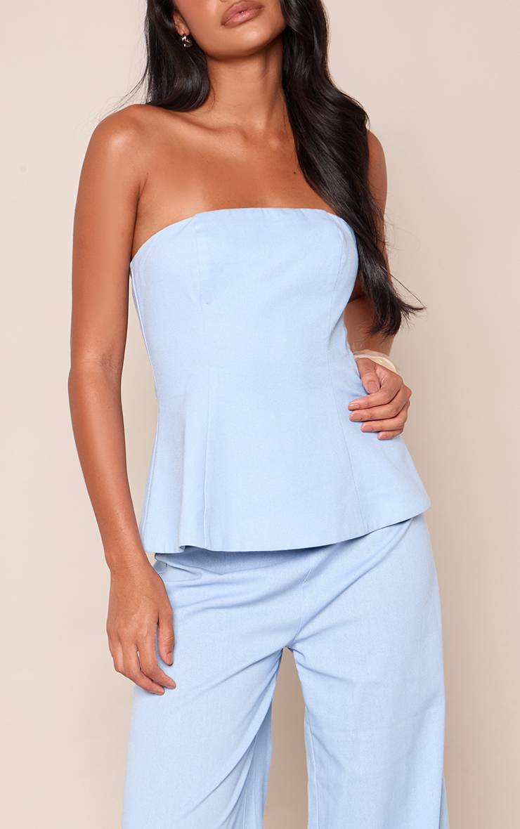 Bleu Layette Haut Bandeau Péplum En Lin Co-ord