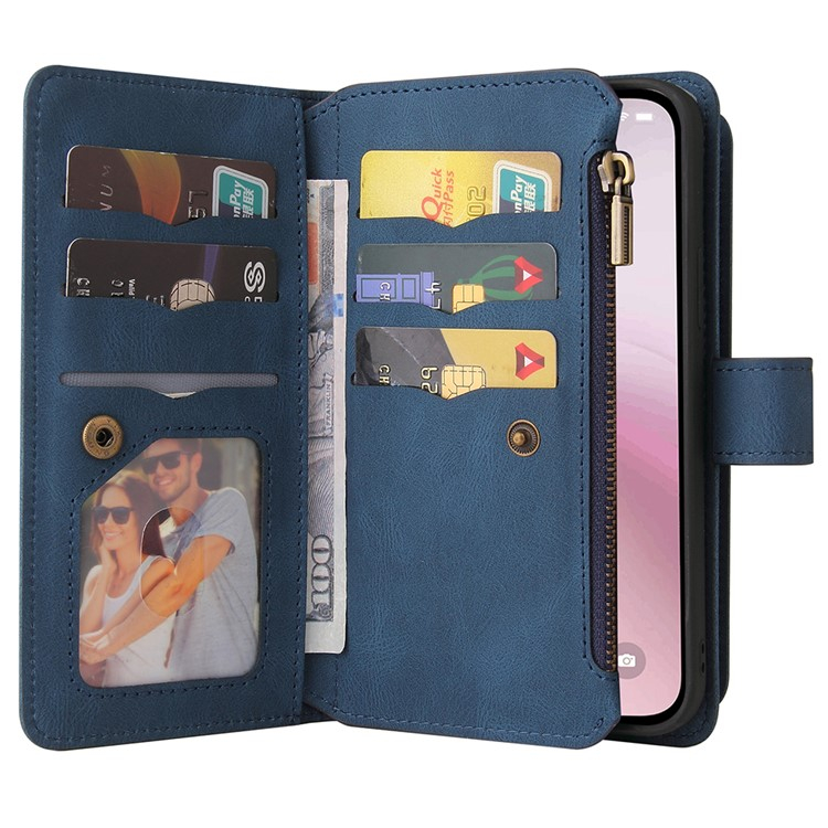 iPhone 16e Leder Tasche Flip Cover Kartenfächer mit Druckknopfverschluss   Handschlaufe - Blau