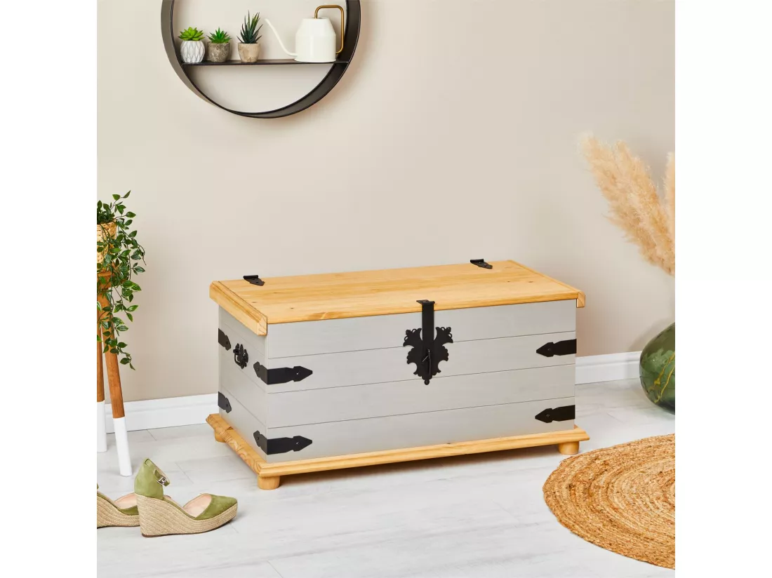 Coffre de rangement TEQUILA malle rectangulaire en bois style mexicain avec abattant, en pin massif lasuré gris et brun