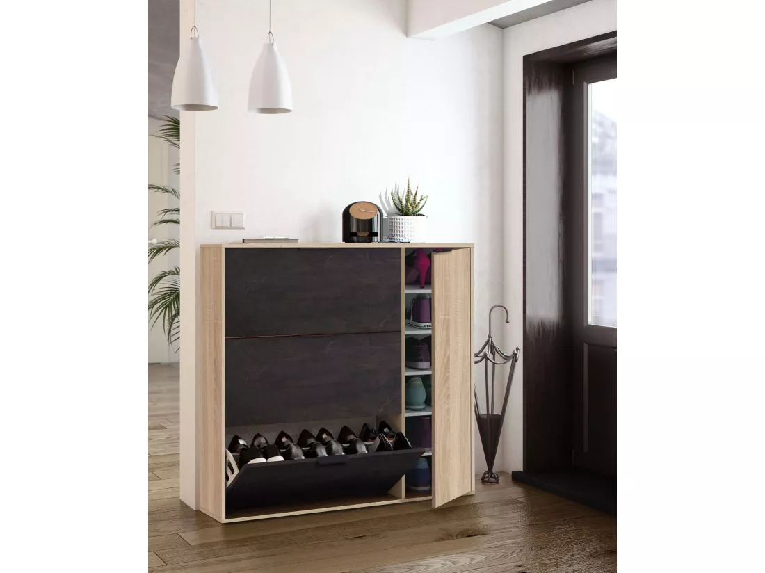Étagère à chaussures Dmagnino, armoire à chaussures 4 portes, armoire basse polyvalente avec 5 étagères, étagère à chaussures moderne, 106x22h115 cm, chêne et noir