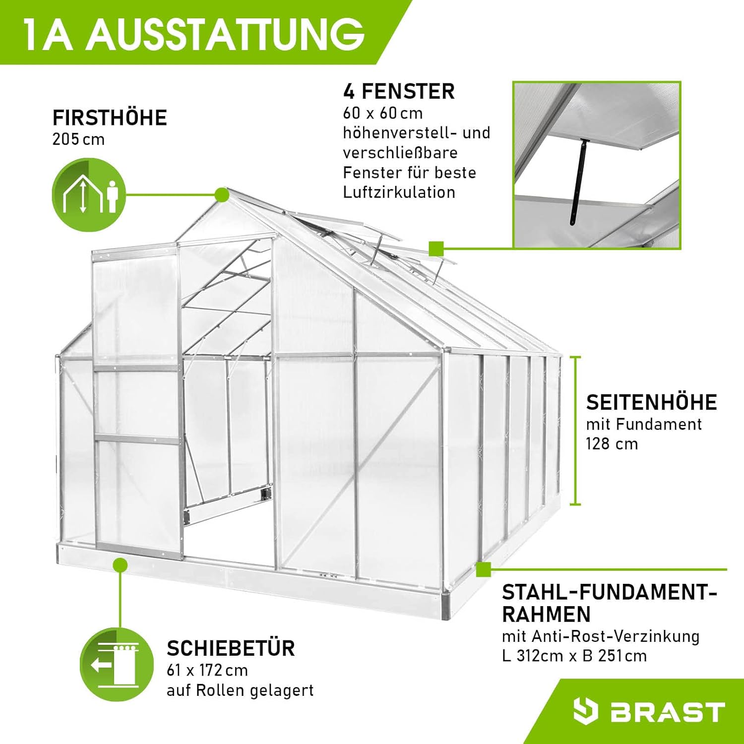 BRAST Gewächshaus Aluminium mit Fundament | 42 Modelle | 130x190x195cm - 490x250x235cm | TÜV geprüft | 6mm Hohlkammerplatten | rostfrei wetterfest temperaturbeständig | 310x250x205cm Silber