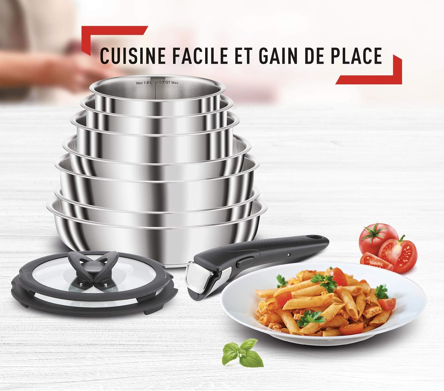Seb Compact Inox Batterie de cuisine 10 pièces, Induction, Poêles 22/24/26 cm, Casseroles 16/18/20 cm, Sauteuse 24 cm, Couvercles 18/20 cm, 1 poignée L953SA04, Noir, argent, ‎35.4 x 35.29 x 26.8 cm