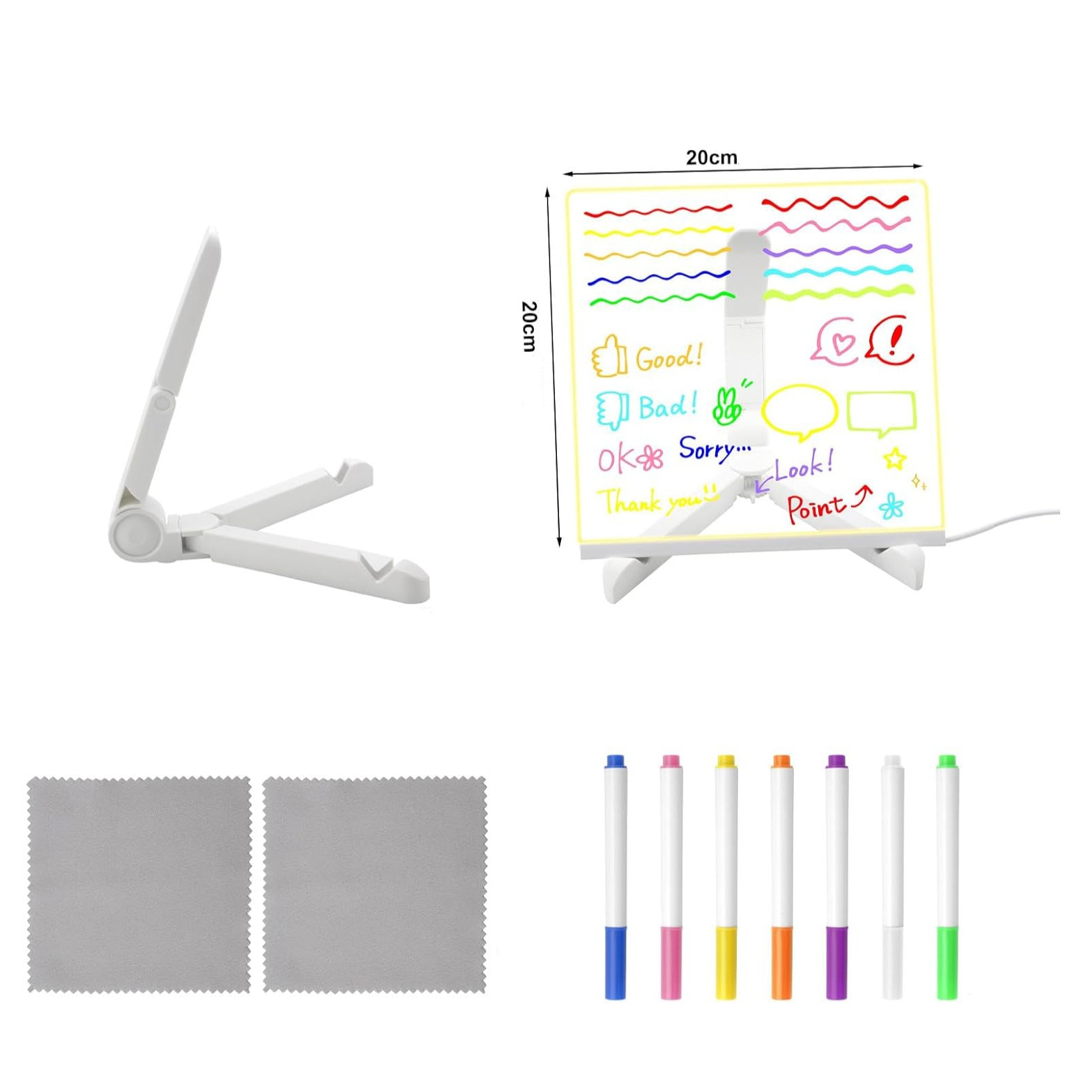 (20x20cm) LED Acryl Notiztafel DIY Message Board Beschriftbare USB Leucht Nachrichten Tafel Deko Schreib Brett inkl. Ständer / Stifte / Reinigungstuch